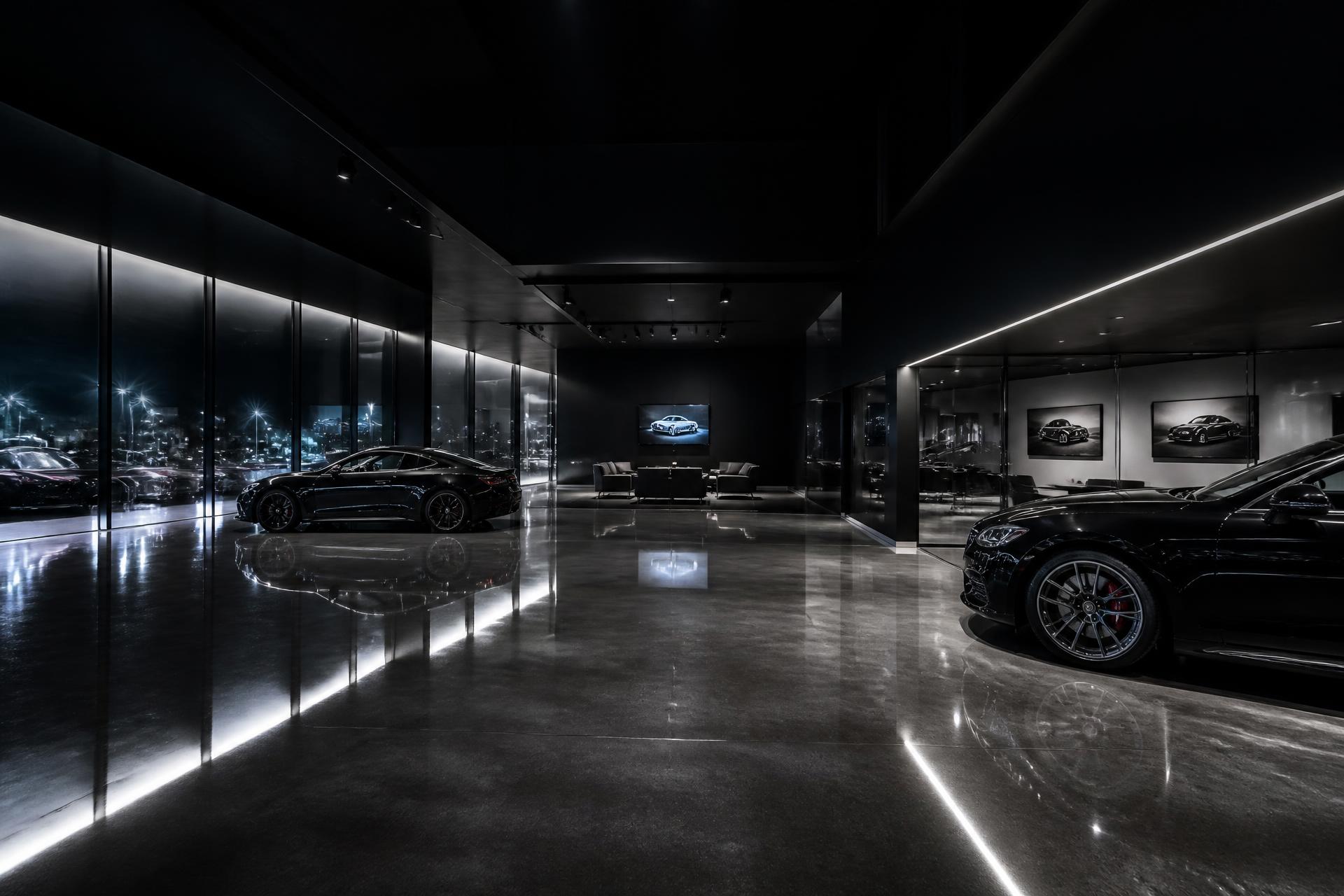 Immaculate luxury car dealership showroom with polished reflective floors